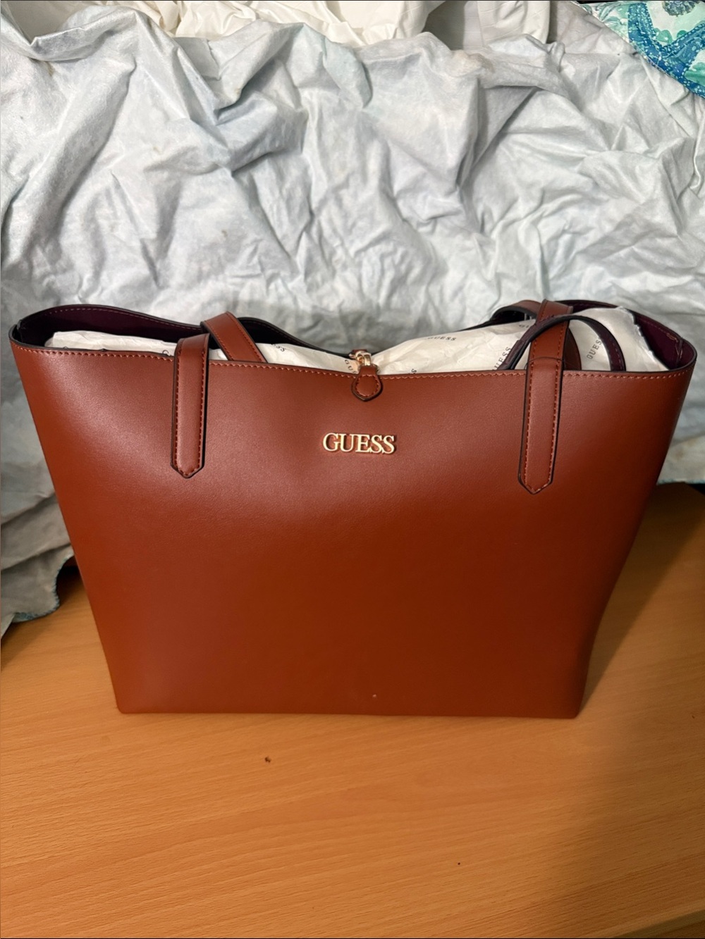 GUESS Brown Convertible Tote with Gold Logo